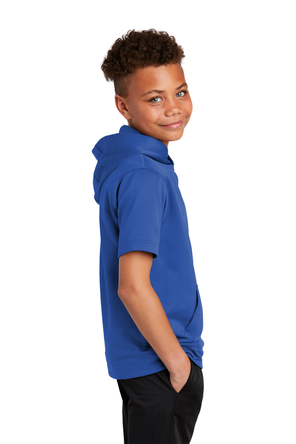 Sport-Tek YST251 Youth Fleece Moisture Wicking Short Sleeve Hooded Sweatshirt Hoodie True Royal Blue Model Side