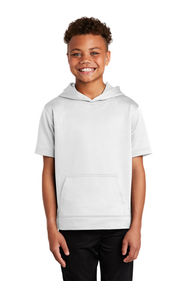 Sport-Tek YST251 Youth Fleece Moisture Wicking Short Sleeve Hooded Sweatshirt Hoodie White Model Front