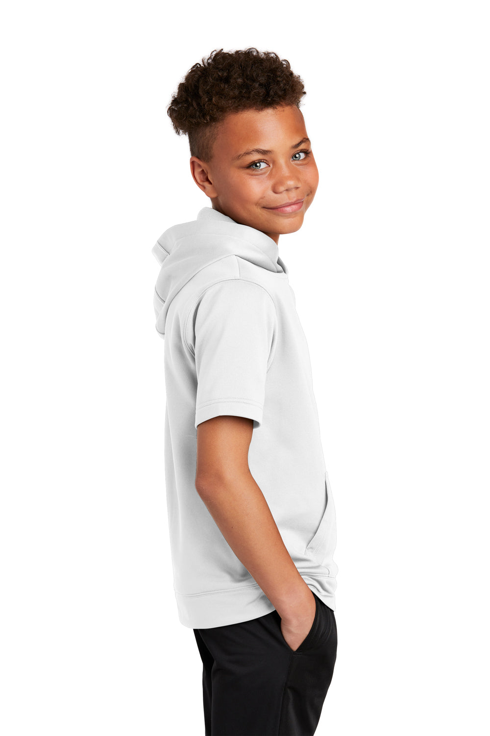 Sport-Tek YST251 Youth Fleece Moisture Wicking Short Sleeve Hooded Sweatshirt Hoodie White Model Side