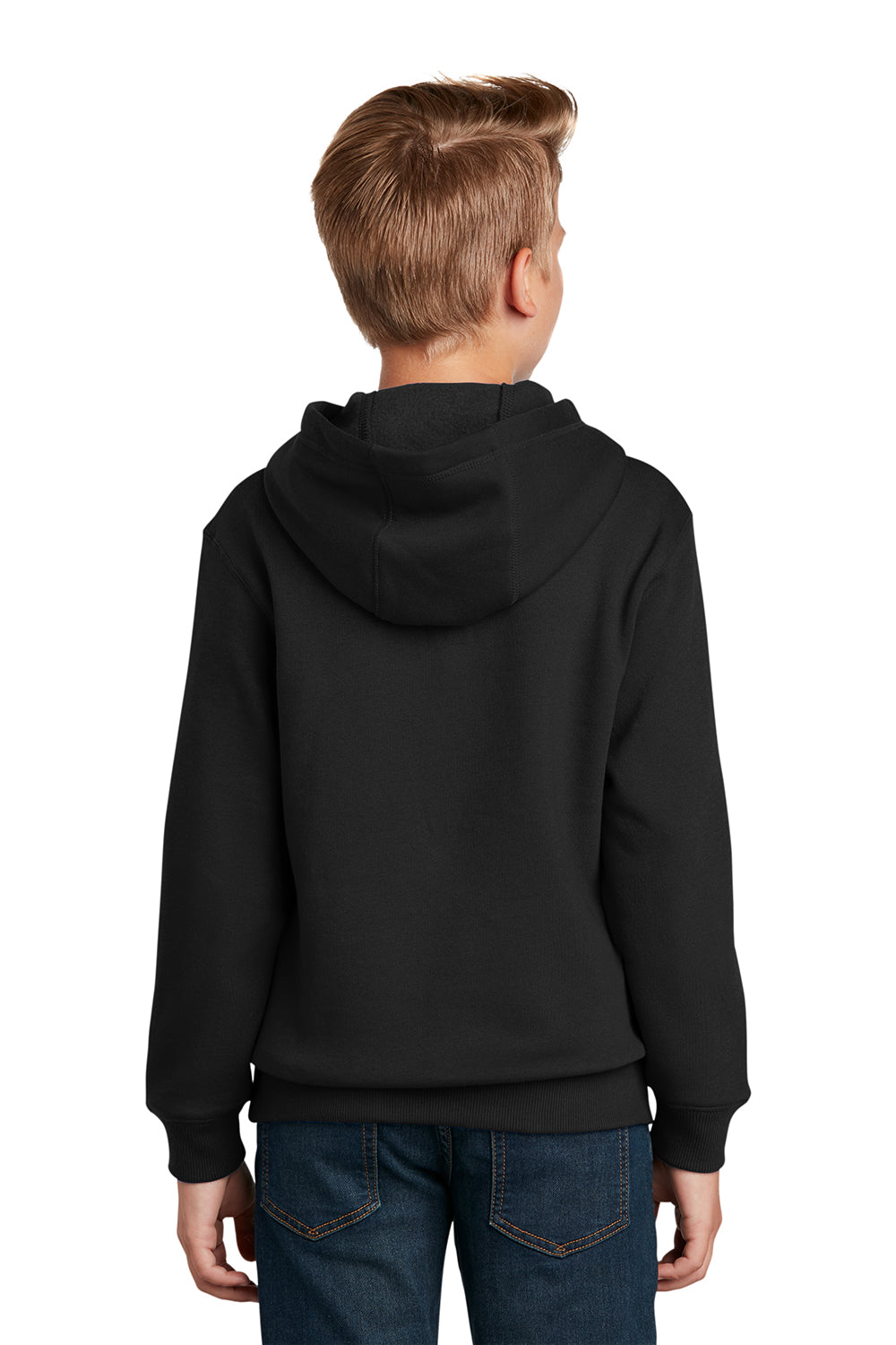 Sport-Tek YST254 Youth Shrink Resistant Fleece Hooded Sweatshirt Hoodie Black Model Back