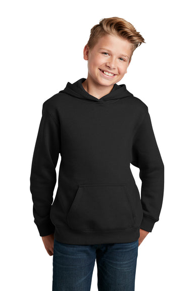 Sport-Tek YST254 Youth Shrink Resistant Fleece Hooded Sweatshirt Hoodie Black Model Front