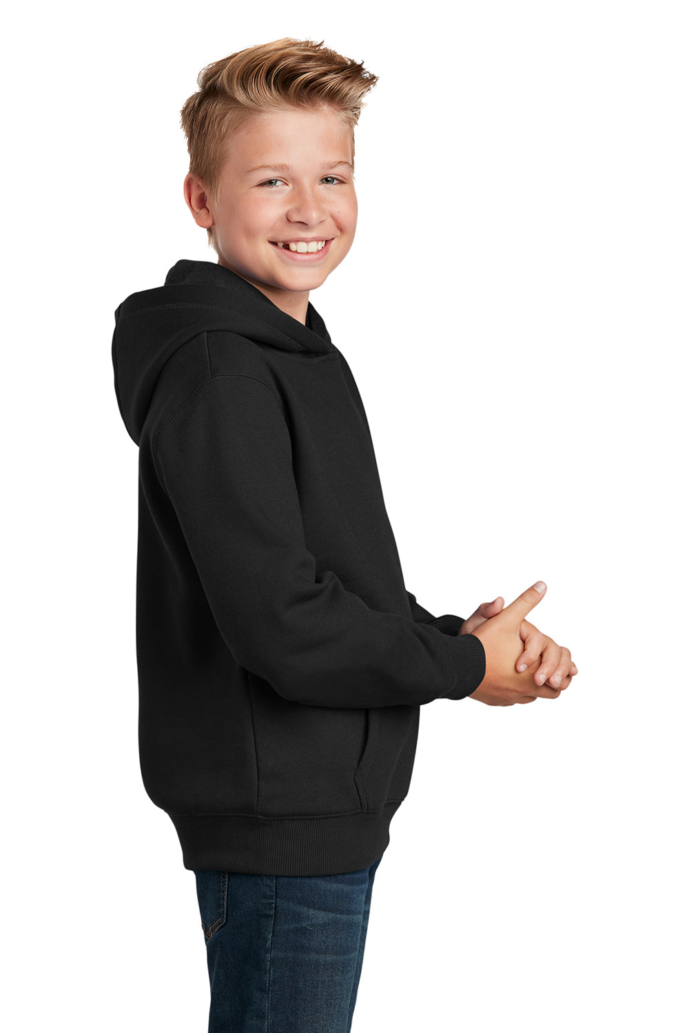 Sport-Tek YST254 Youth Shrink Resistant Fleece Hooded Sweatshirt Hoodie Black Model Side