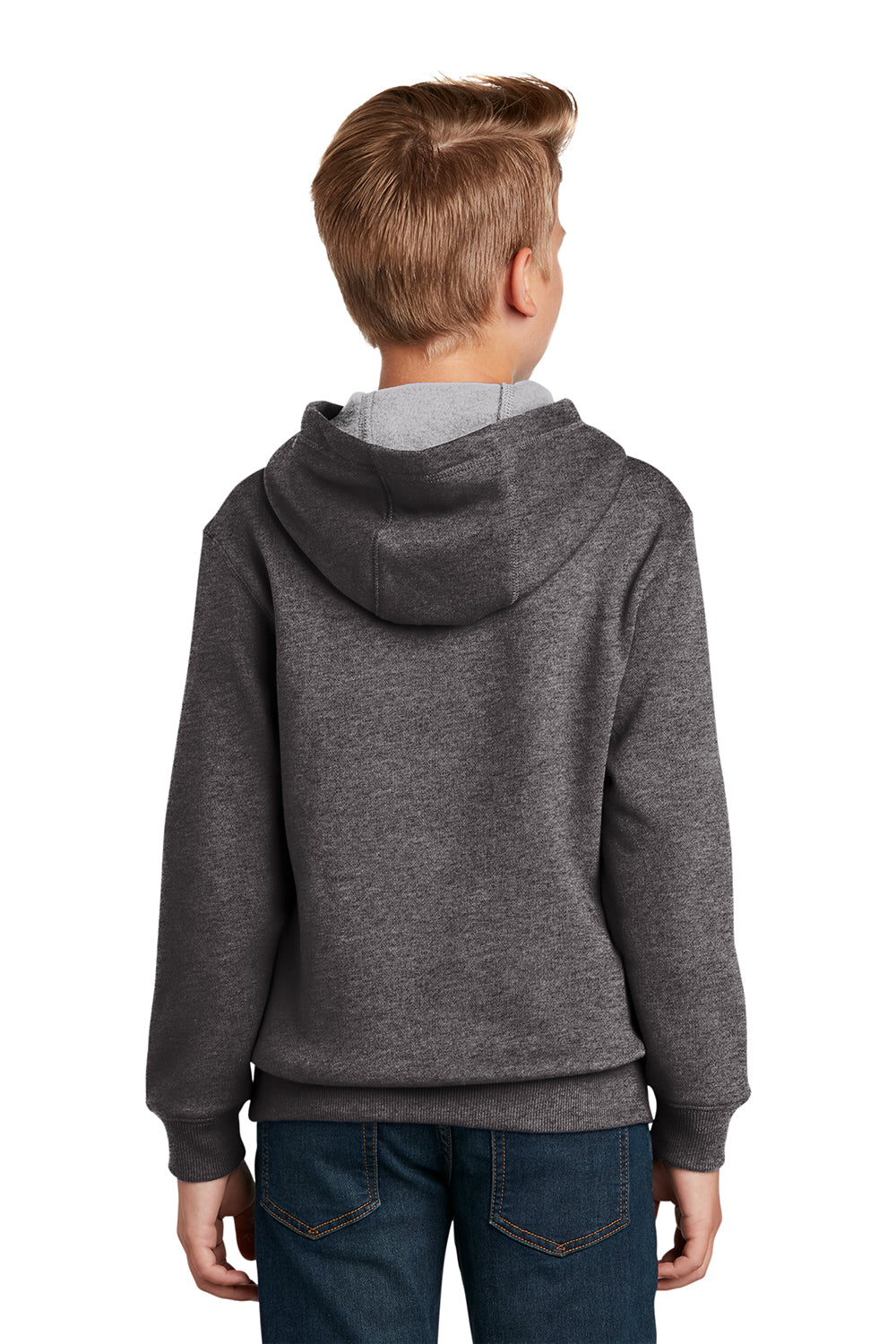 Sport-Tek YST254 Youth Shrink Resistant Fleece Hooded Sweatshirt Hoodie Heather Graphite Grey Model Back