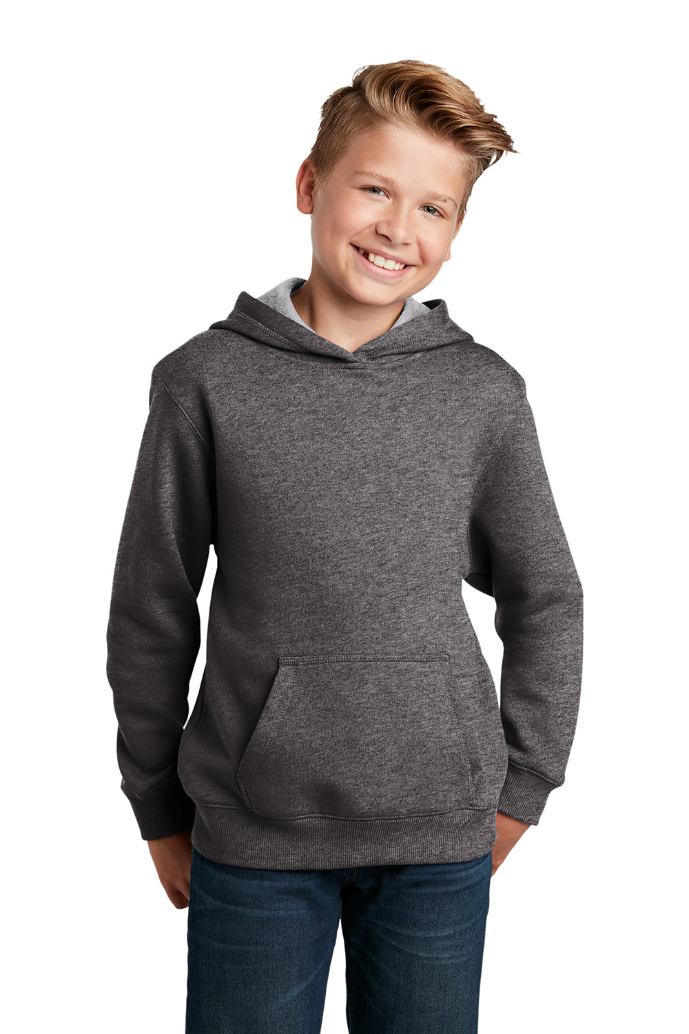 Sport-Tek YST254 Youth Shrink Resistant Fleece Hooded Sweatshirt Hoodie Heather Graphite Grey Model Front