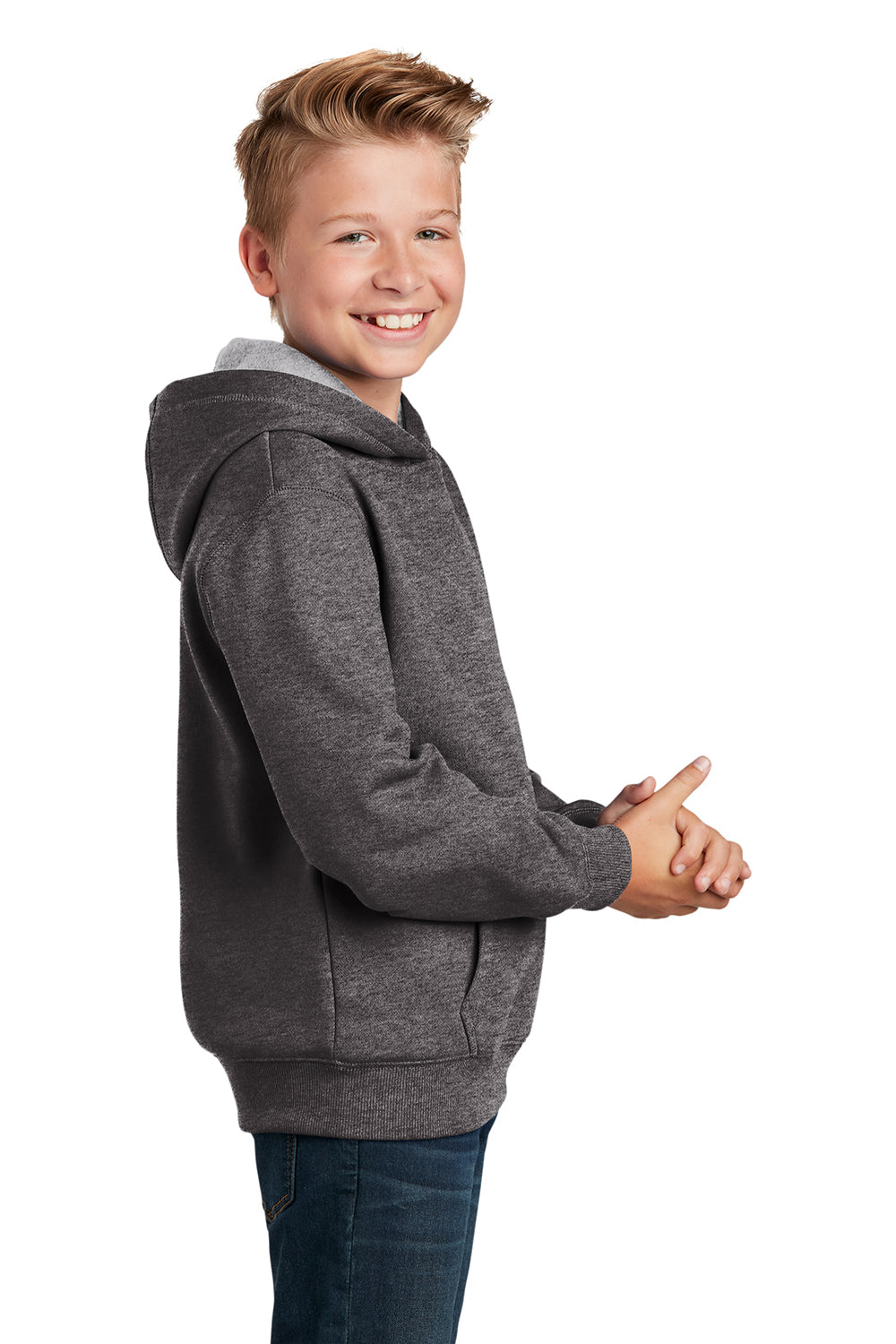 Sport-Tek YST254 Youth Shrink Resistant Fleece Hooded Sweatshirt Hoodie Heather Graphite Grey Model Side