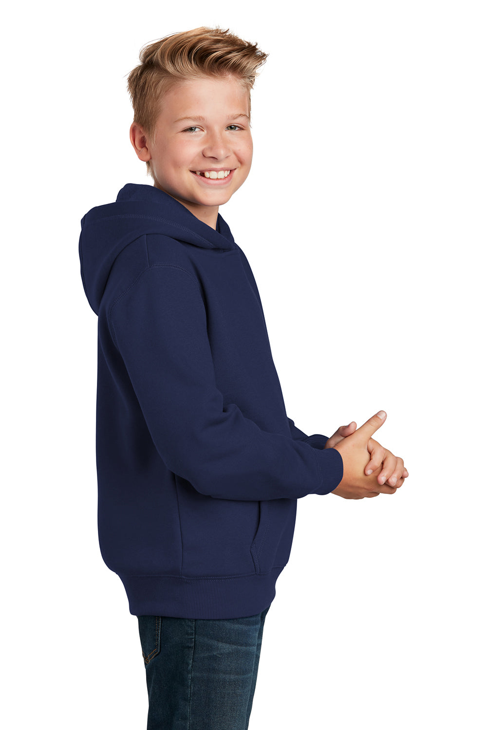 Sport-Tek YST254 Youth Shrink Resistant Fleece Hooded Sweatshirt Hoodie True Navy Blue Model Side