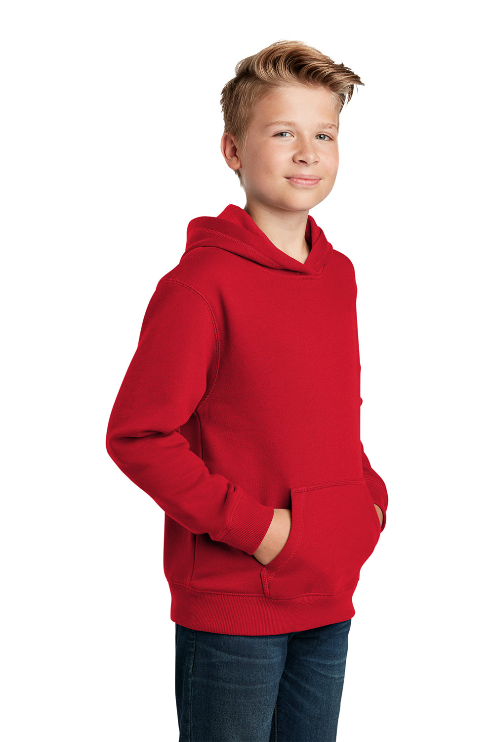 Sport-Tek YST254 Youth Shrink Resistant Fleece Hooded Sweatshirt Hoodie True Red Model 3q