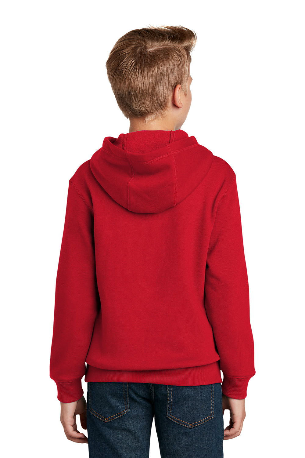 Sport-Tek YST254 Youth Shrink Resistant Fleece Hooded Sweatshirt Hoodie True Red Model Back