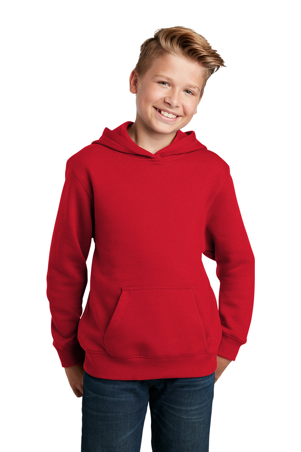 Sport-Tek YST254 Youth Shrink Resistant Fleece Hooded Sweatshirt Hoodie True Red Model Front