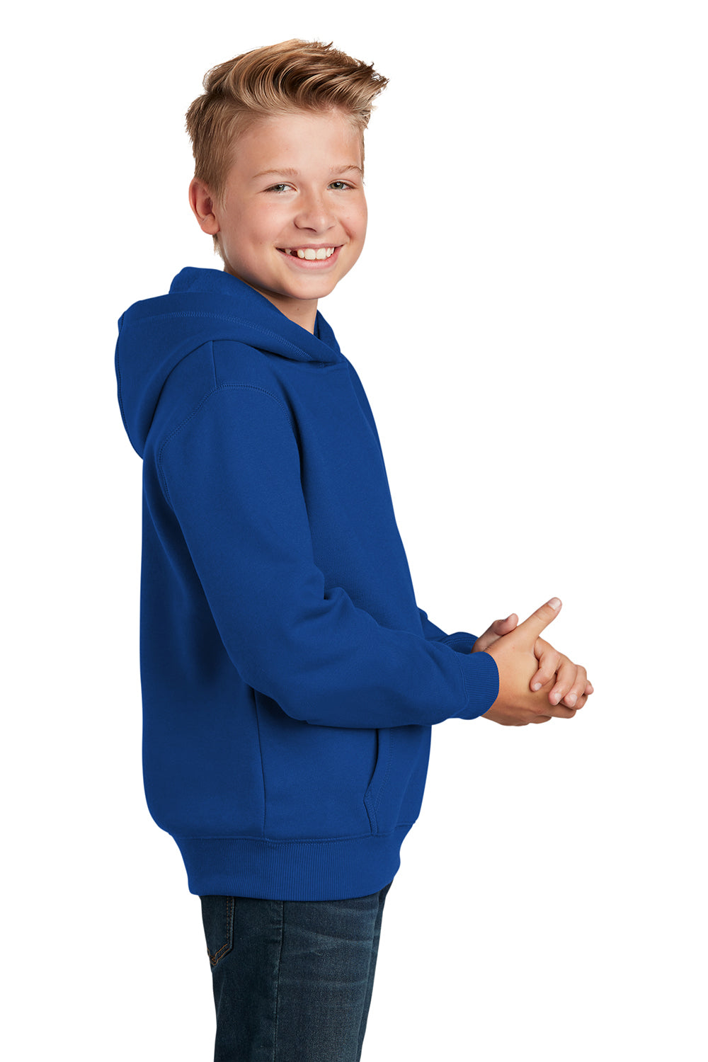 Sport-Tek YST254 Youth Shrink Resistant Fleece Hooded Sweatshirt Hoodie True Royal Blue Model Side