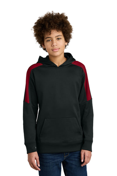 Sport-Tek YST255 Youth Sport-Wick United Fleece Hooded Sweatshirt Hoodie Black/Deep Red Model Front