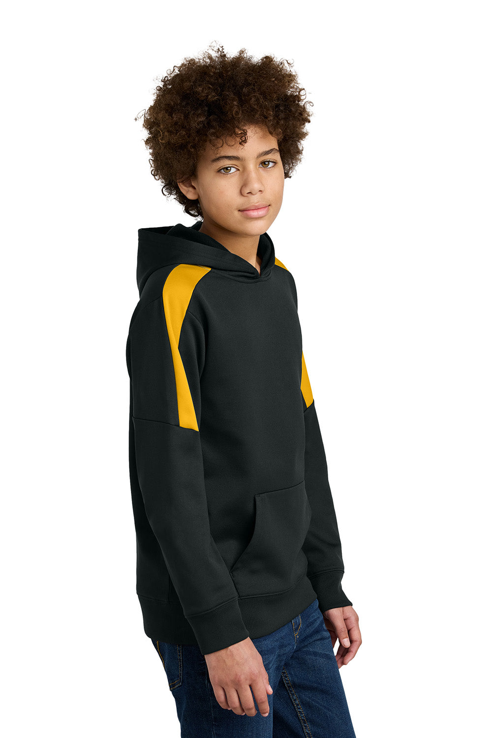 Sport-Tek YST255 Youth Sport-Wick United Fleece Hooded Sweatshirt Hoodie Black/Gold Model Side