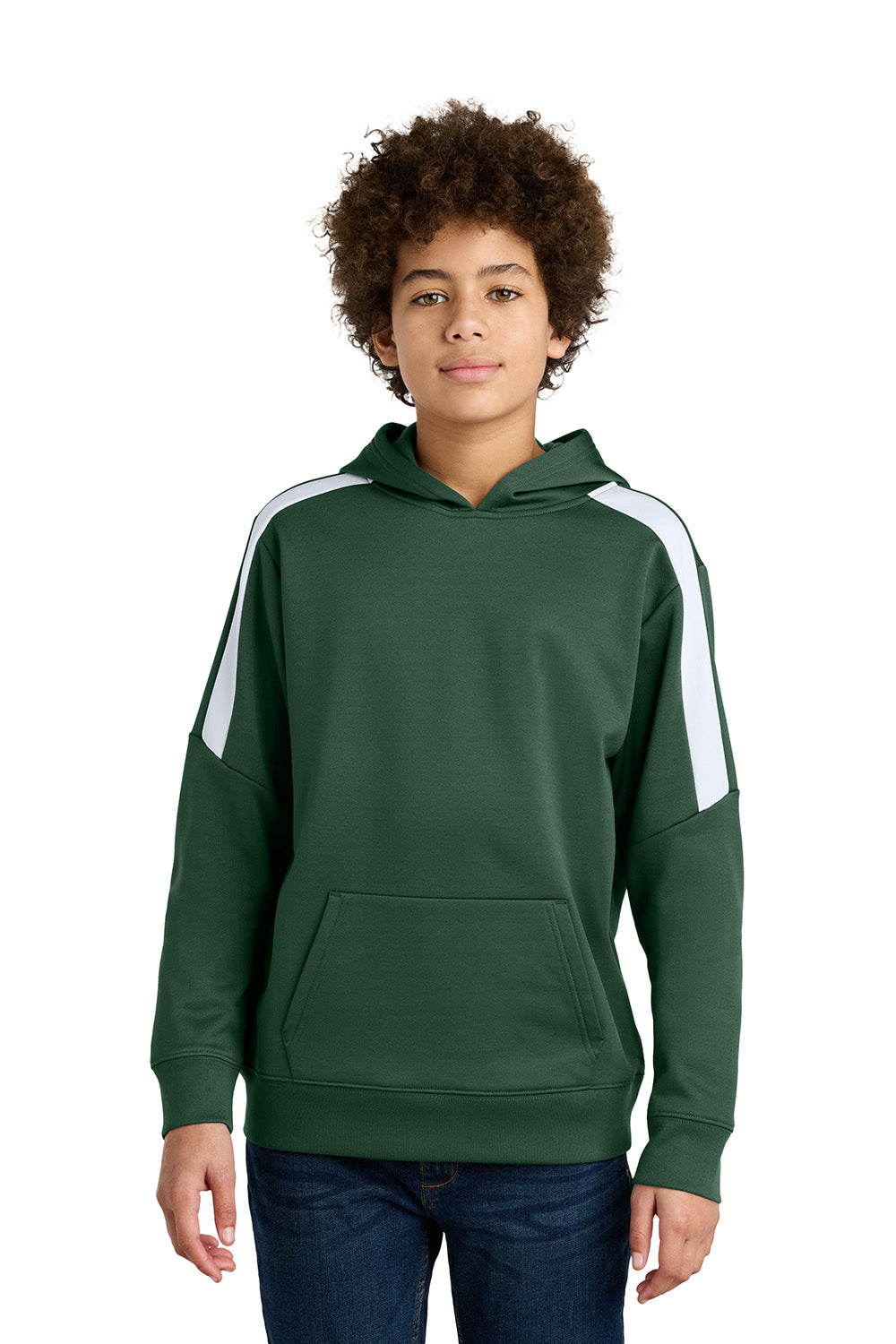 Sport-Tek YST255 Youth Sport-Wick United Fleece Hooded Sweatshirt Hoodie Forest Green/White Model Front