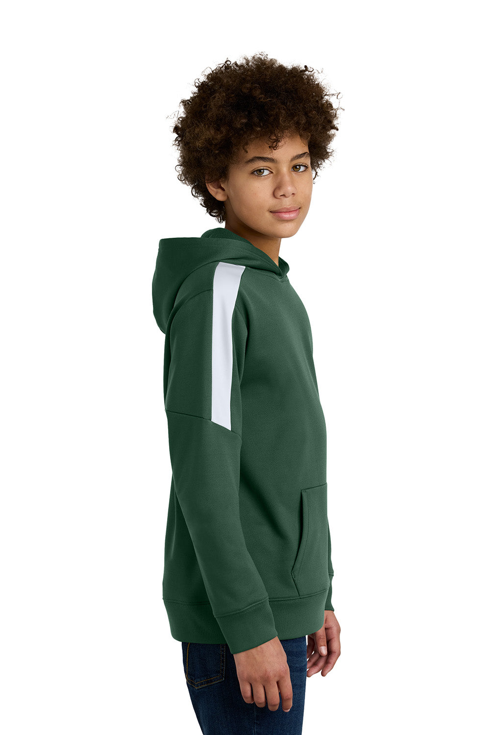 Sport-Tek YST255 Youth Sport-Wick United Fleece Hooded Sweatshirt Hoodie Forest Green/White Model Side