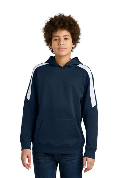 Sport-Tek YST255 Youth Sport-Wick United Fleece Hooded Sweatshirt Hoodie Navy Blue/White Model Front