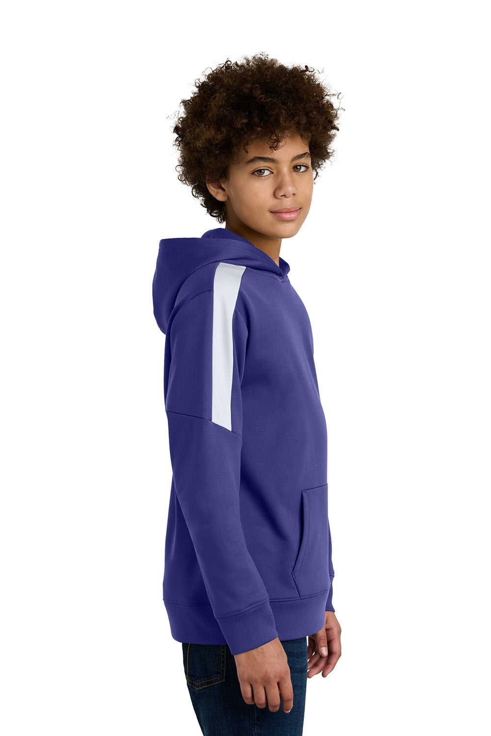 Sport-Tek YST255 Youth Sport-Wick United Fleece Hooded Sweatshirt Hoodie Purple/White Model Side