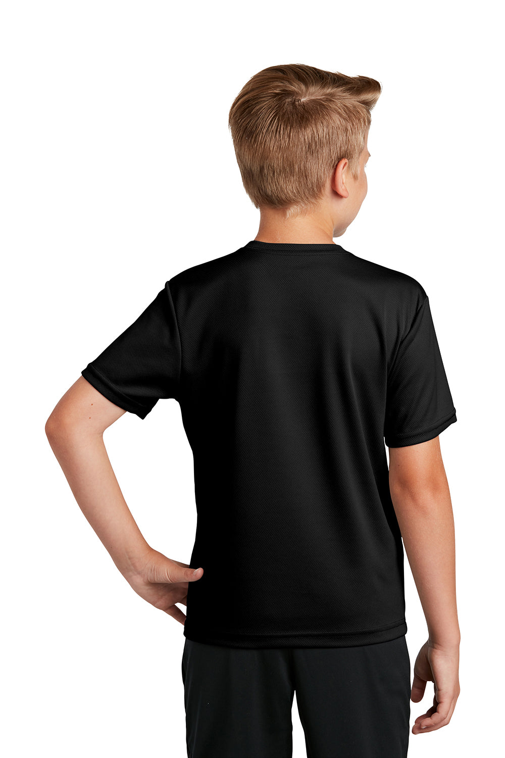 Sport-Tek YST340 Youth RacerMesh Moisture Wicking Short Sleeve Crewneck T-Shirt Black Model Back