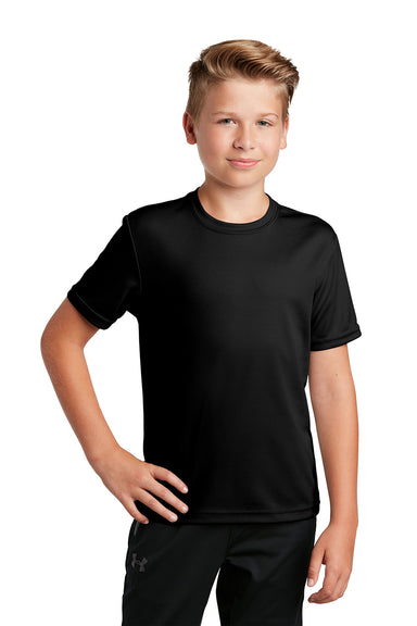 Sport-Tek YST340 Youth RacerMesh Moisture Wicking Short Sleeve Crewneck T-Shirt Black Model Front