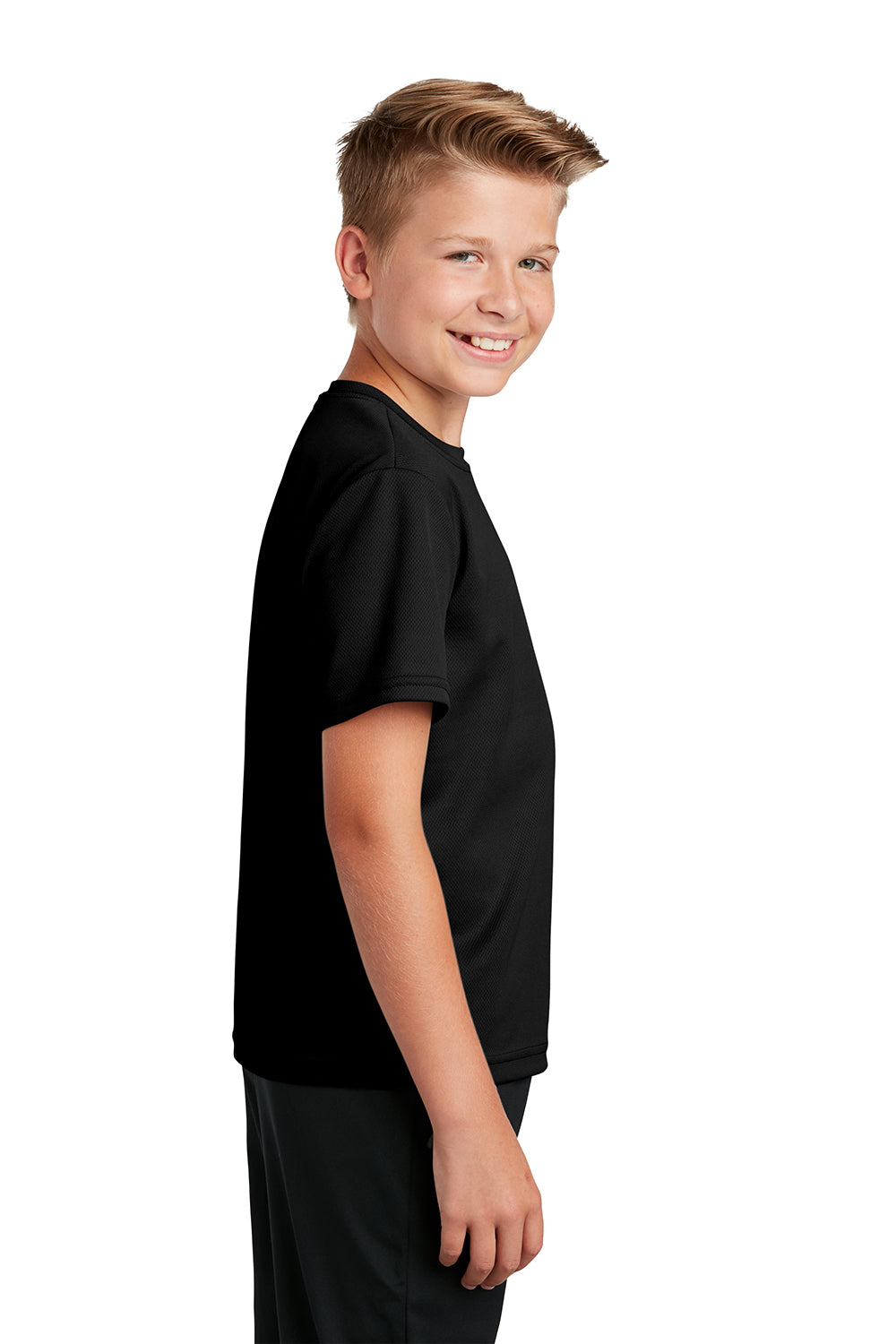 Sport-Tek YST340 Youth RacerMesh Moisture Wicking Short Sleeve Crewneck T-Shirt Black Model Side