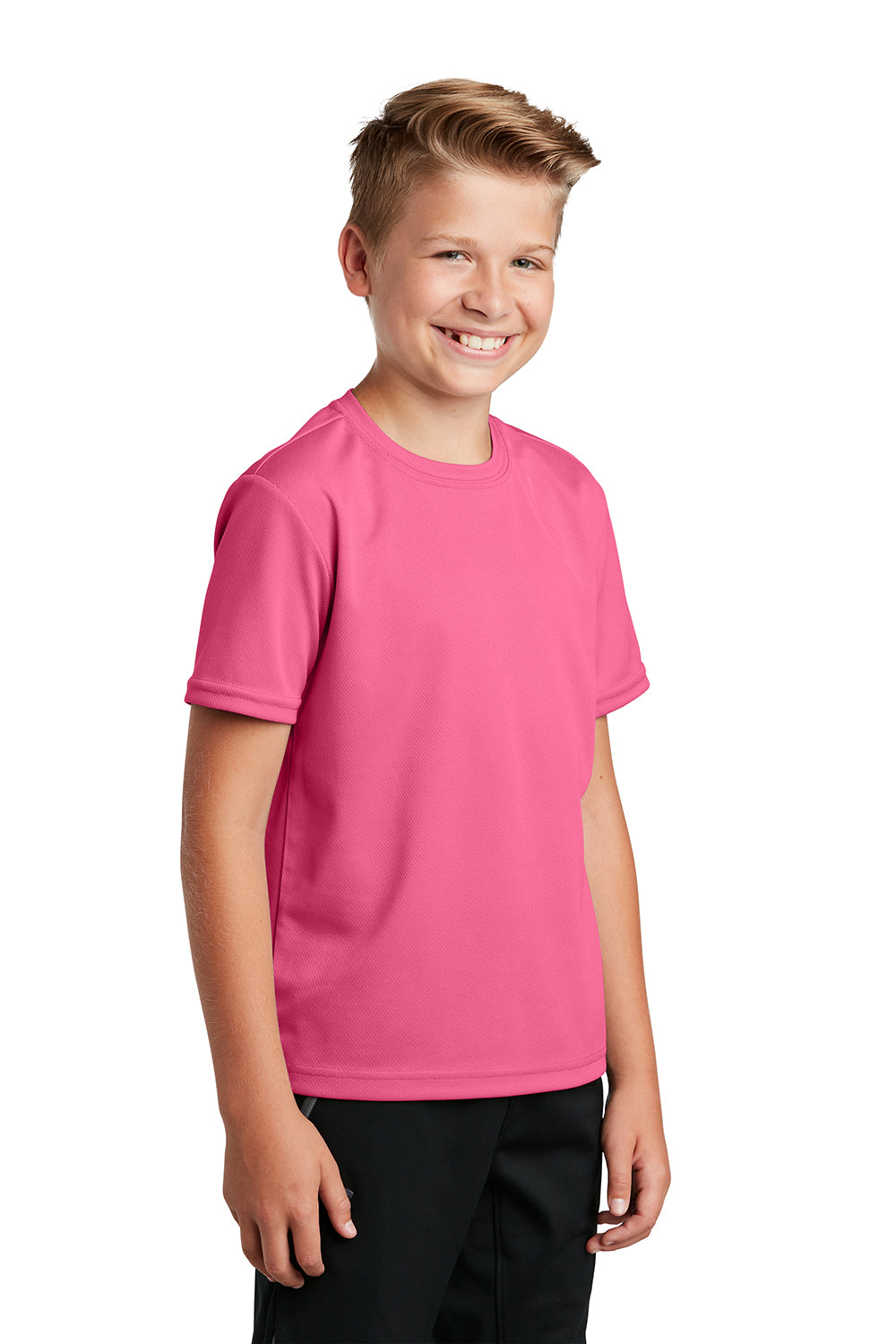 Sport-Tek YST340 Youth RacerMesh Moisture Wicking Short Sleeve Crewneck T-Shirt Bright Pink Model 3q