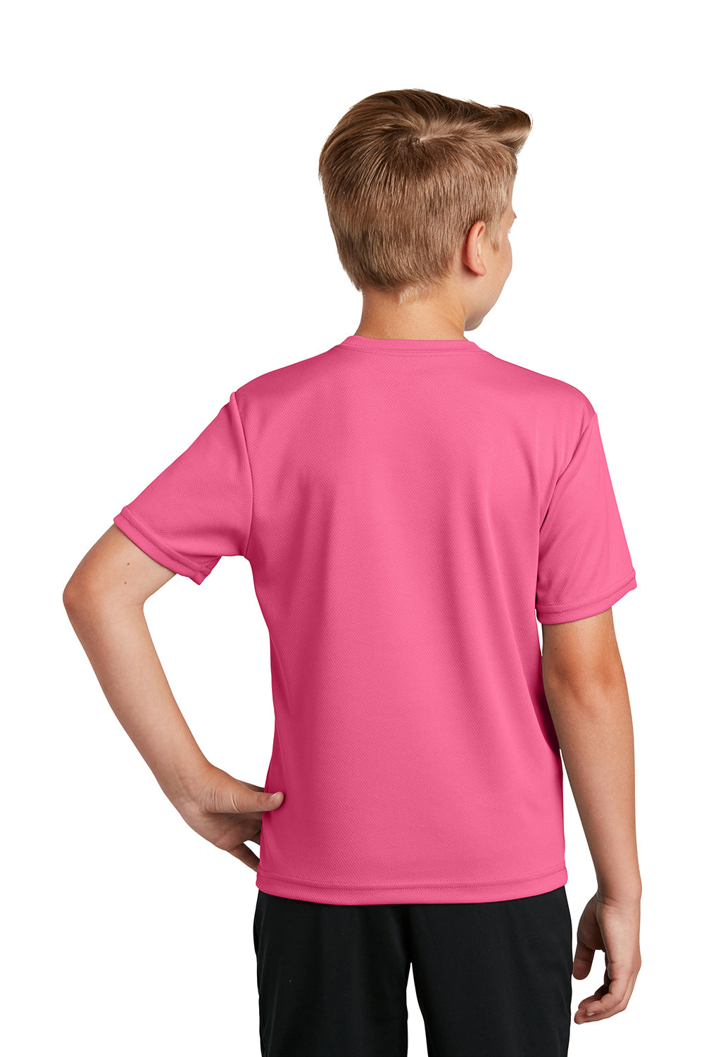 Sport-Tek YST340 Youth RacerMesh Moisture Wicking Short Sleeve Crewneck T-Shirt Bright Pink Model Back