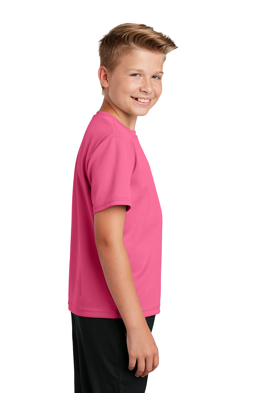 Sport-Tek YST340 Youth RacerMesh Moisture Wicking Short Sleeve Crewneck T-Shirt Bright Pink Model Side