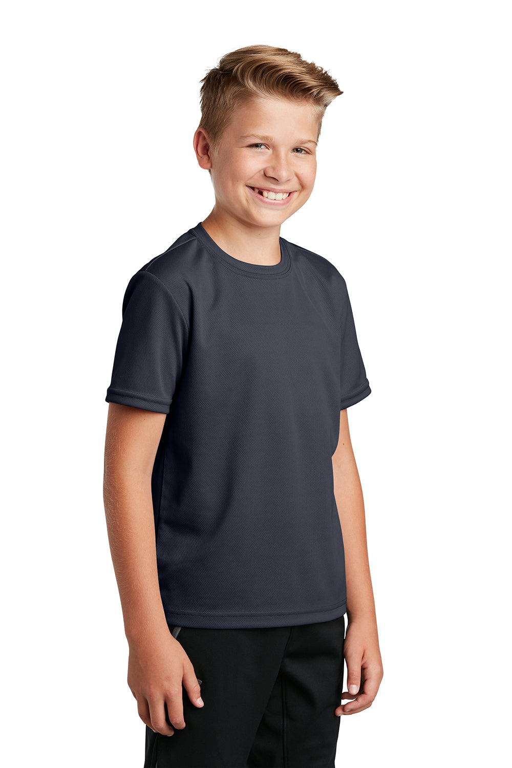 Sport-Tek YST340 Youth RacerMesh Moisture Wicking Short Sleeve Crewneck T-Shirt Graphite Grey Model 3q