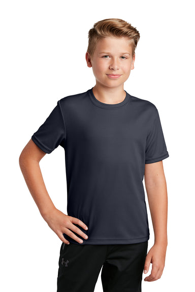 Sport-Tek YST340 Youth RacerMesh Moisture Wicking Short Sleeve Crewneck T-Shirt Graphite Grey Model Front