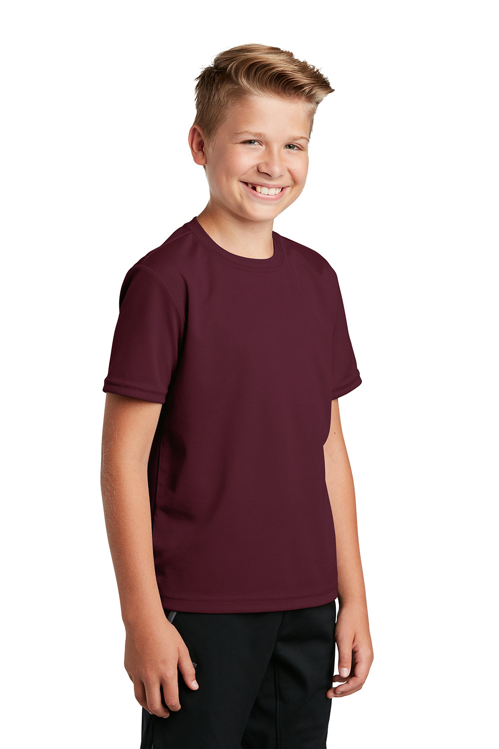 Sport-Tek YST340 Youth RacerMesh Moisture Wicking Short Sleeve Crewneck T-Shirt Maroon Model 3q