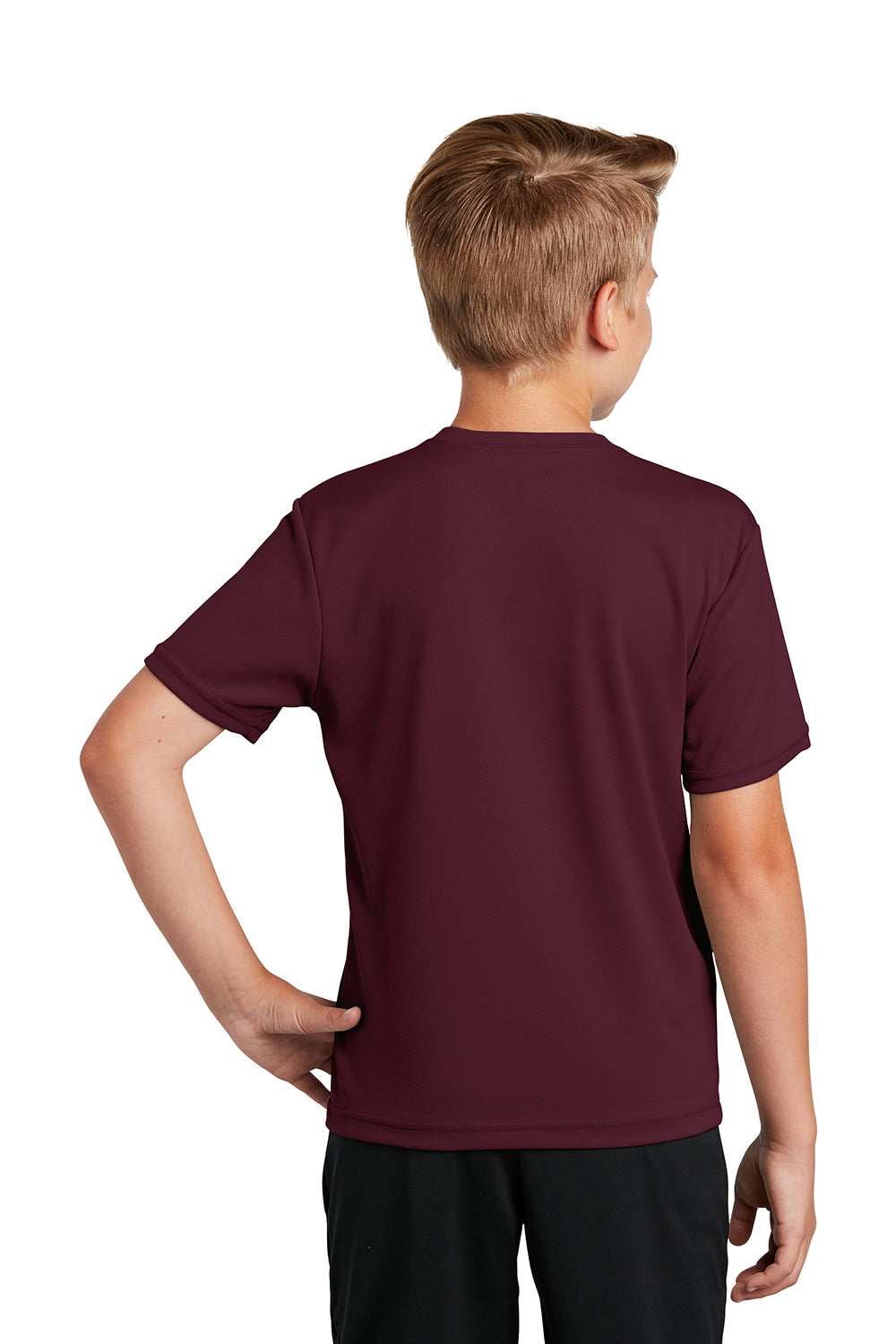 Sport-Tek YST340 Youth RacerMesh Moisture Wicking Short Sleeve Crewneck T-Shirt Maroon Model Back