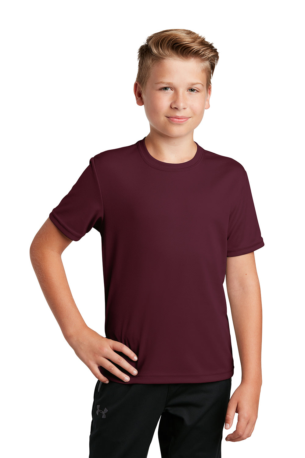 Sport-Tek YST340 Youth RacerMesh Moisture Wicking Short Sleeve Crewneck T-Shirt Maroon Model Front