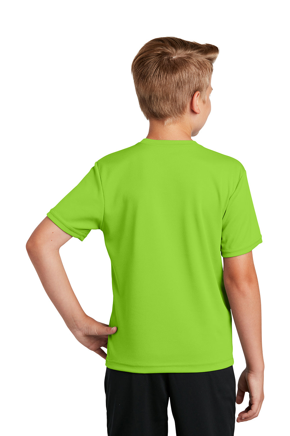 Sport-Tek YST340 Youth RacerMesh Moisture Wicking Short Sleeve Crewneck T-Shirt Neon Green Model Back