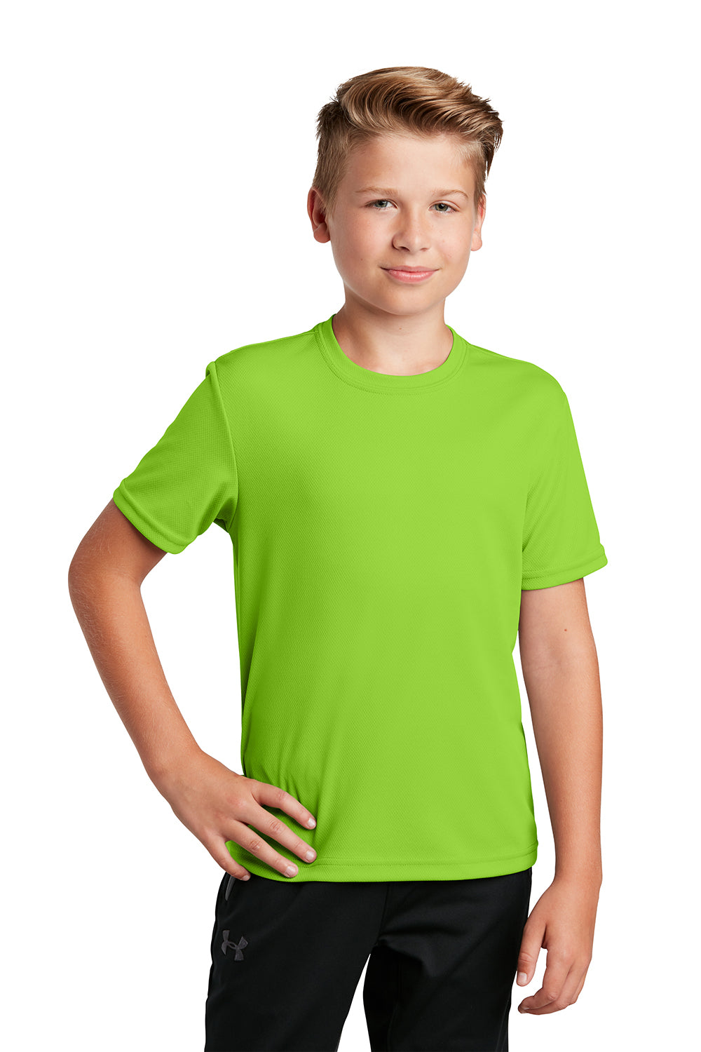 Sport-Tek YST340 Youth RacerMesh Moisture Wicking Short Sleeve Crewneck T-Shirt Neon Green Model Front