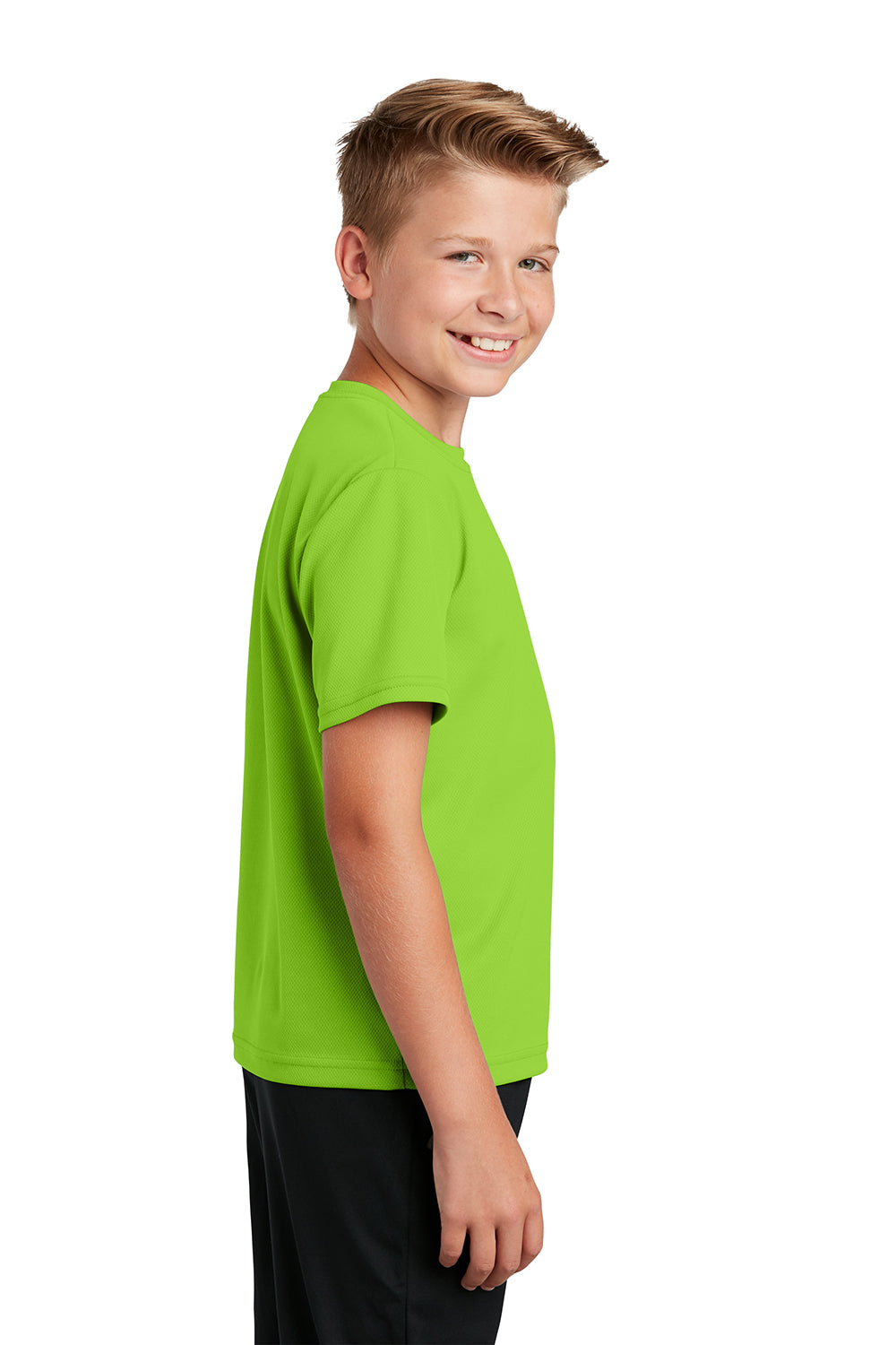 Sport-Tek YST340 Youth RacerMesh Moisture Wicking Short Sleeve Crewneck T-Shirt Neon Green Model Side