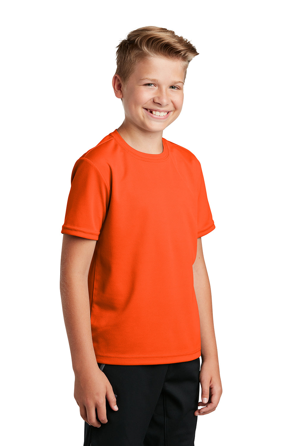 Sport-Tek YST340 Youth RacerMesh Moisture Wicking Short Sleeve Crewneck T-Shirt Neon Orange Model 3q