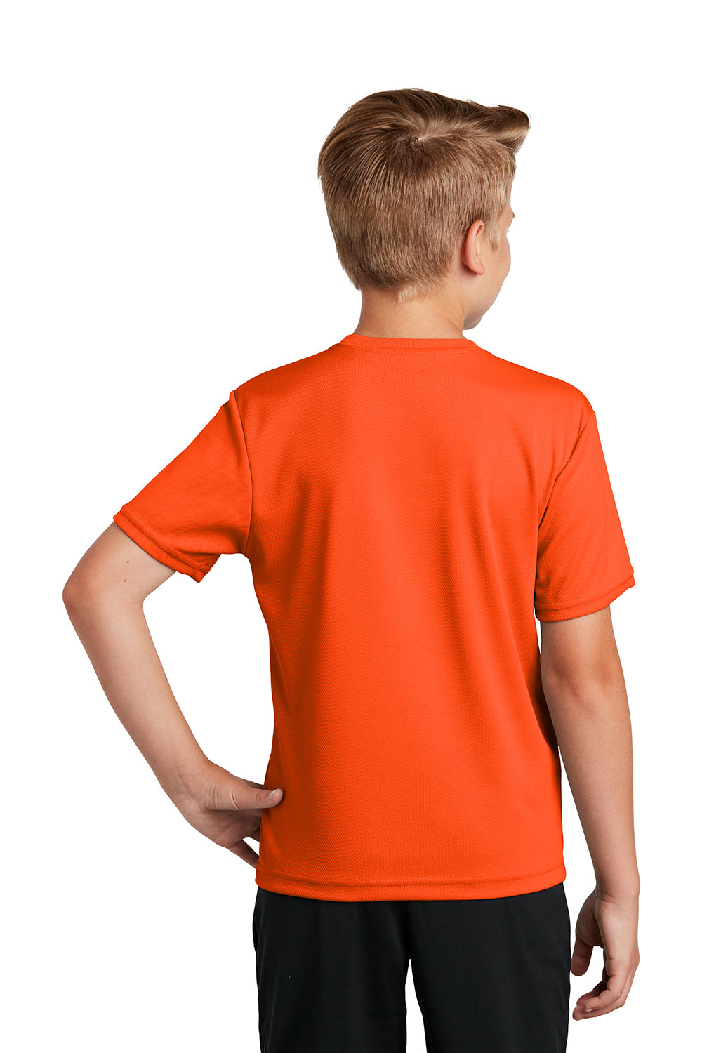 Sport-Tek YST340 Youth RacerMesh Moisture Wicking Short Sleeve Crewneck T-Shirt Neon Orange Model Back