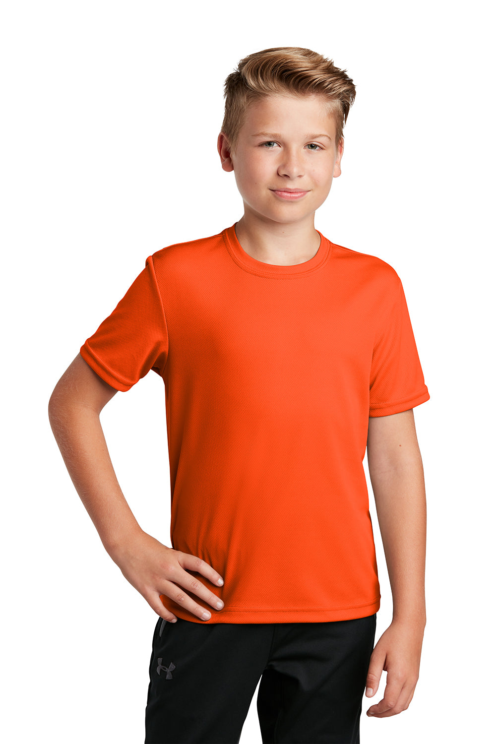 Sport-Tek YST340 Youth RacerMesh Moisture Wicking Short Sleeve Crewneck T-Shirt Neon Orange Model Front