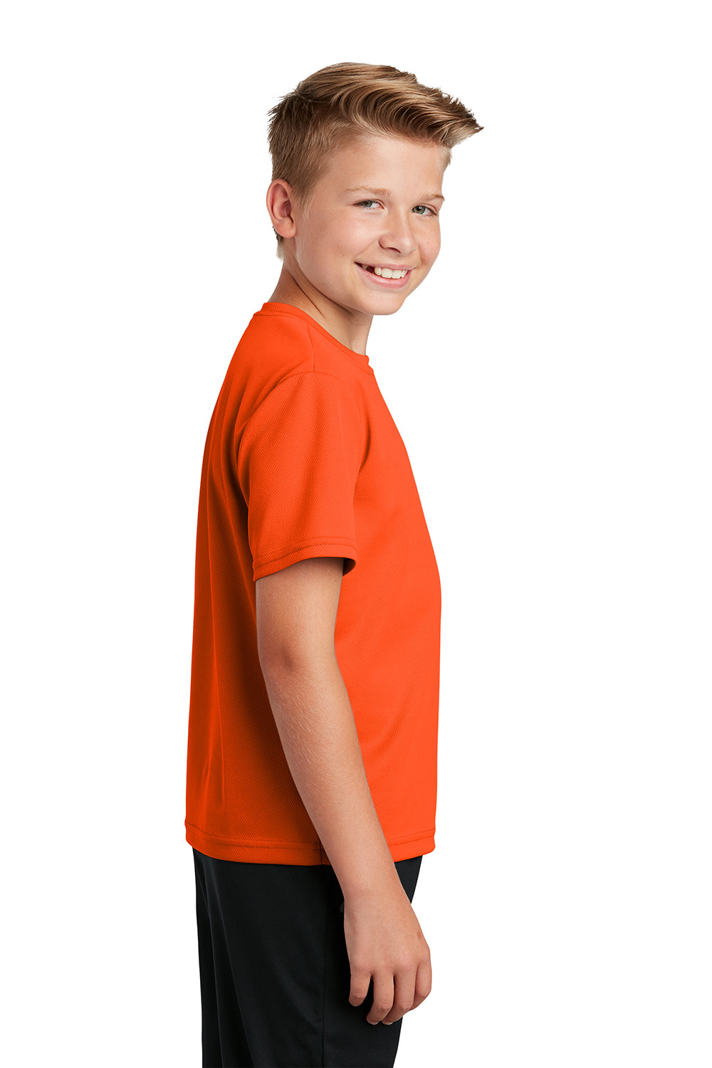 Sport-Tek YST340 Youth RacerMesh Moisture Wicking Short Sleeve Crewneck T-Shirt Neon Orange Model Side