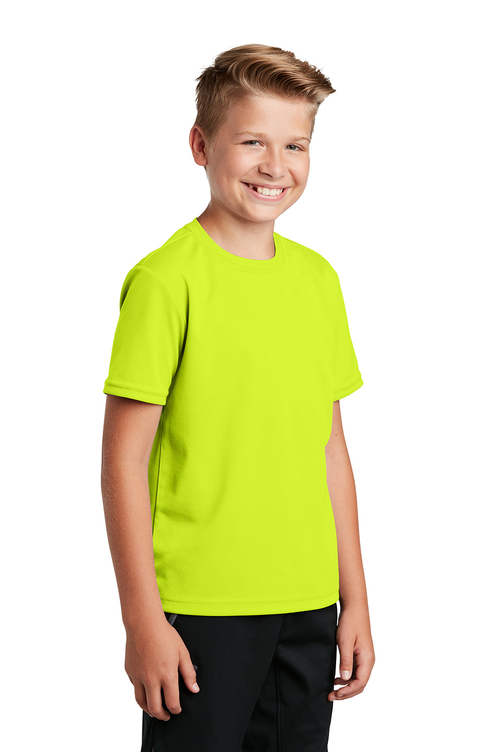 Sport-Tek YST340 Youth RacerMesh Moisture Wicking Short Sleeve Crewneck T-Shirt Neon Yellow Model 3q