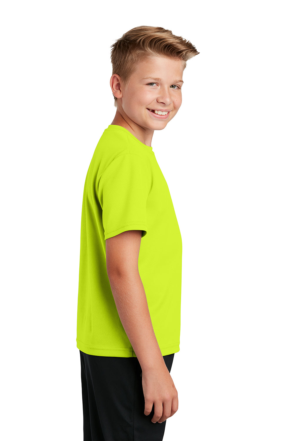 Sport-Tek YST340 Youth RacerMesh Moisture Wicking Short Sleeve Crewneck T-Shirt Neon Yellow Model Side