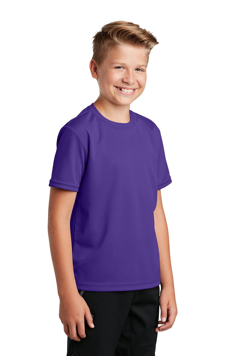 Sport-Tek YST340 Youth RacerMesh Moisture Wicking Short Sleeve Crewneck T-Shirt Purple Model 3q