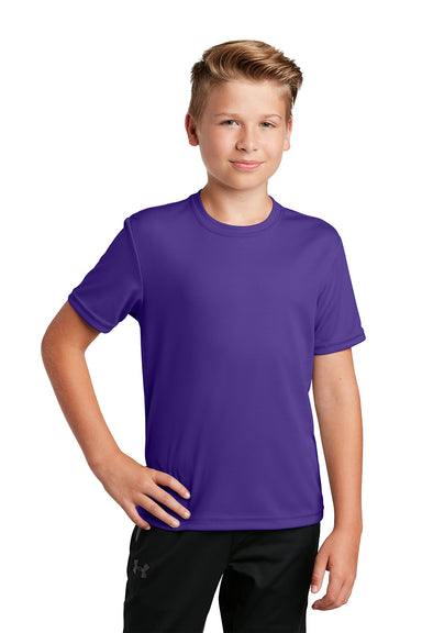 Sport-Tek YST340 Youth RacerMesh Moisture Wicking Short Sleeve Crewneck T-Shirt Purple Model Front