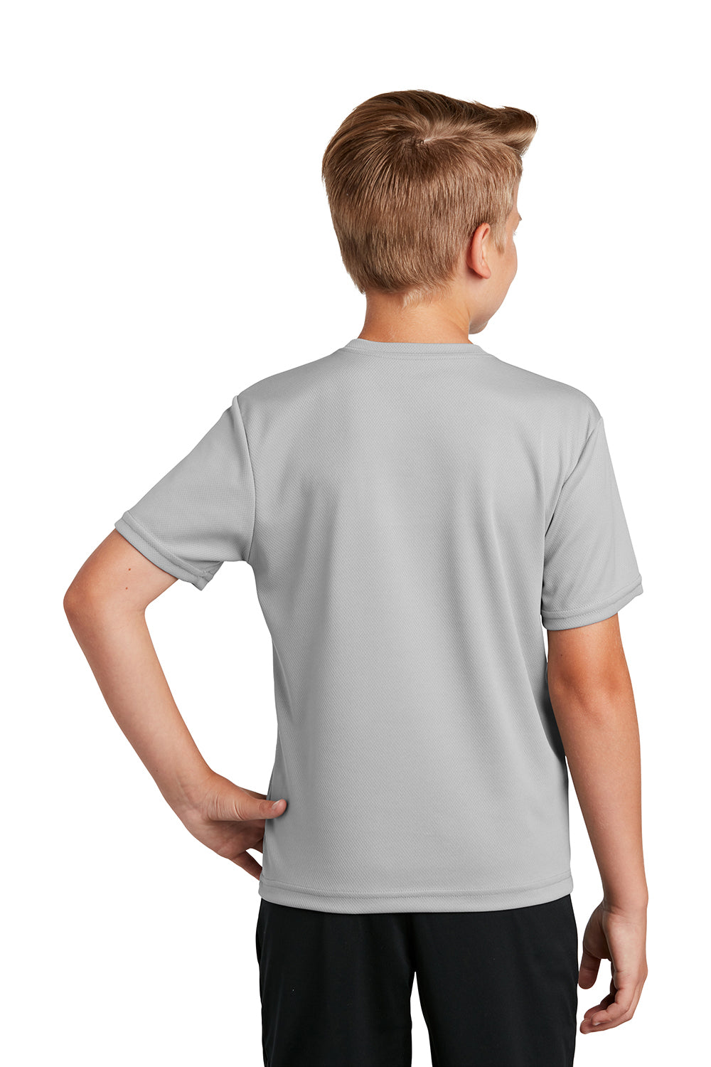 Sport-Tek YST340 Youth RacerMesh Moisture Wicking Short Sleeve Crewneck T-Shirt Silver Grey Model Back