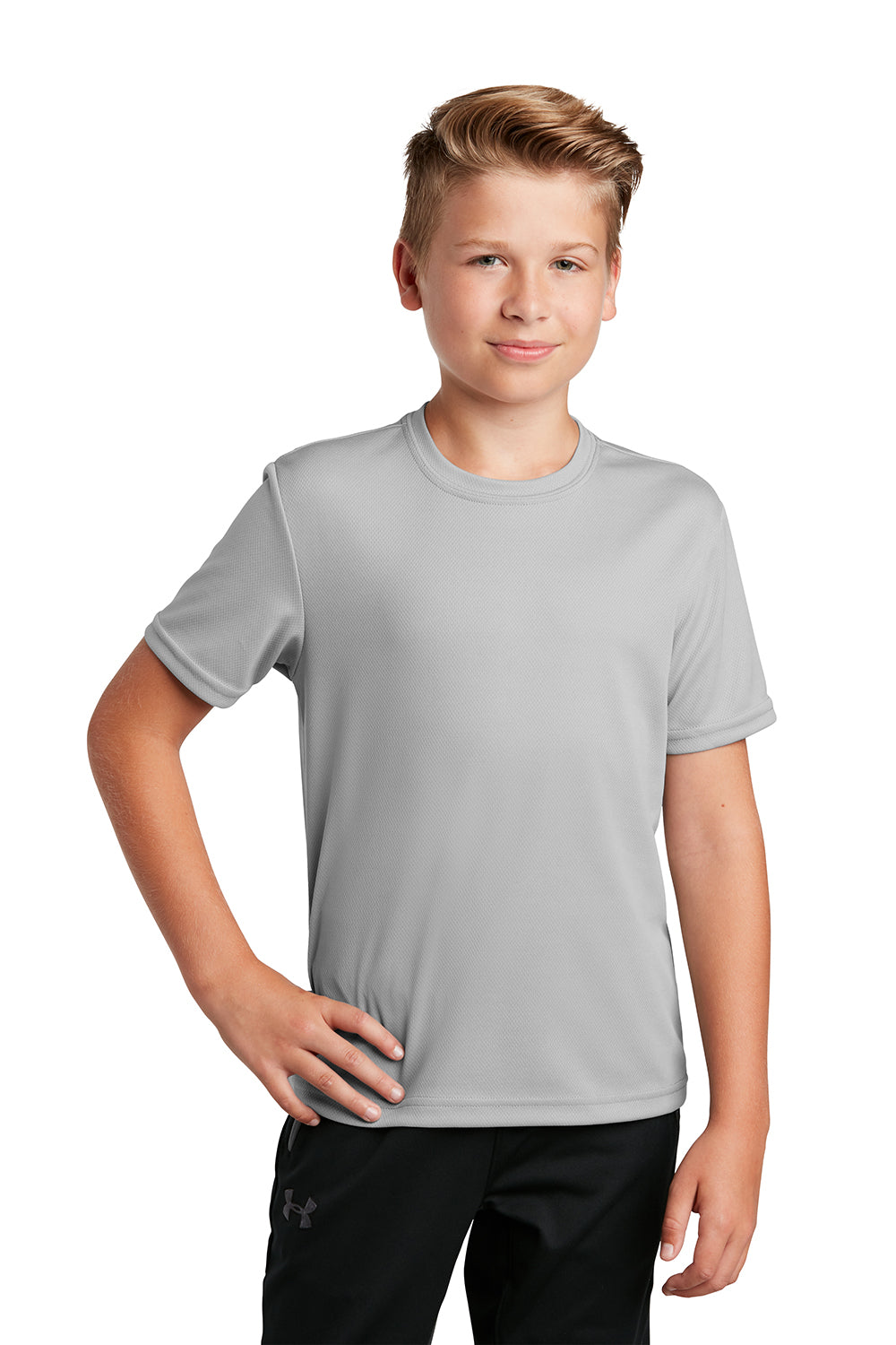 Sport-Tek YST340 Youth RacerMesh Moisture Wicking Short Sleeve Crewneck T-Shirt Silver Grey Model Front