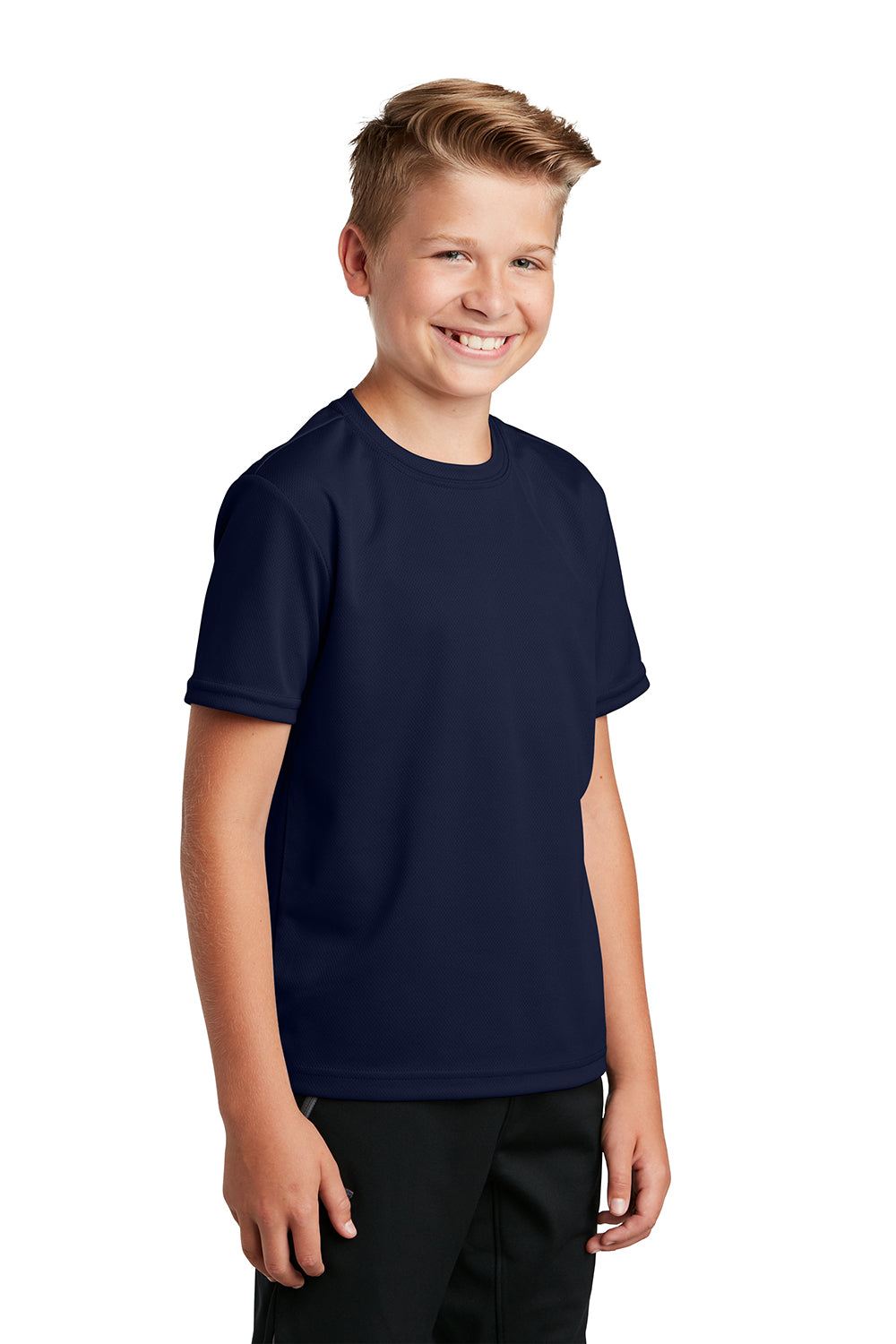 Sport-Tek YST340 Youth RacerMesh Moisture Wicking Short Sleeve Crewneck T-Shirt True Navy Blue Model 3q