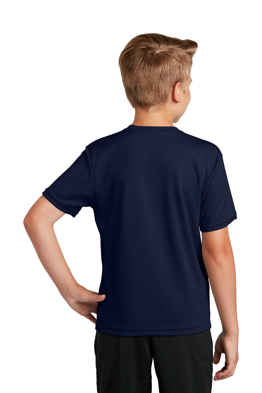 Sport-Tek YST340 Youth RacerMesh Moisture Wicking Short Sleeve Crewneck T-Shirt True Navy Blue Model Back