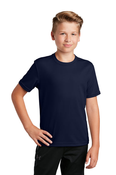 Sport-Tek YST340 Youth RacerMesh Moisture Wicking Short Sleeve Crewneck T-Shirt True Navy Blue Model Front