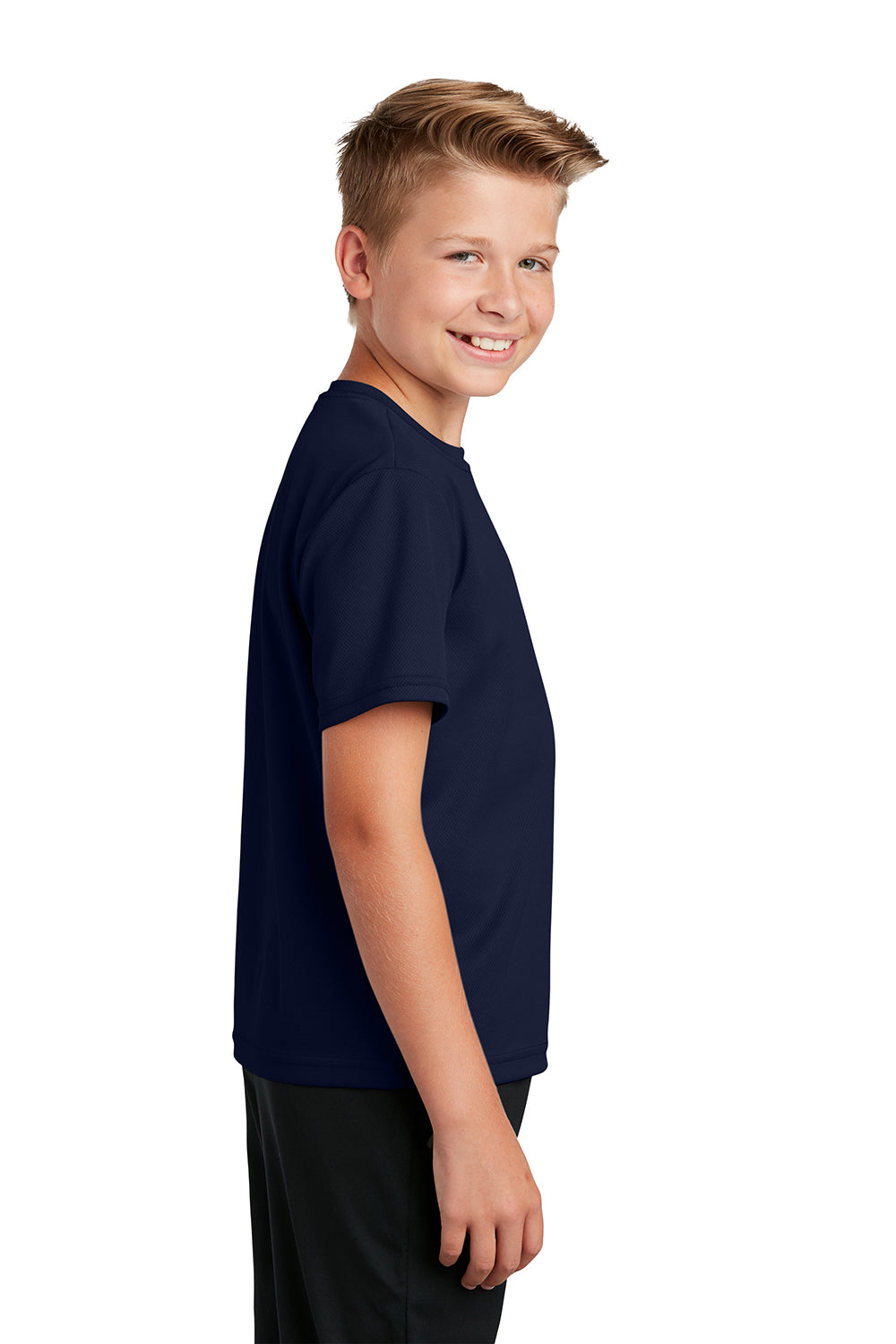 Sport-Tek YST340 Youth RacerMesh Moisture Wicking Short Sleeve Crewneck T-Shirt True Navy Blue Model Side