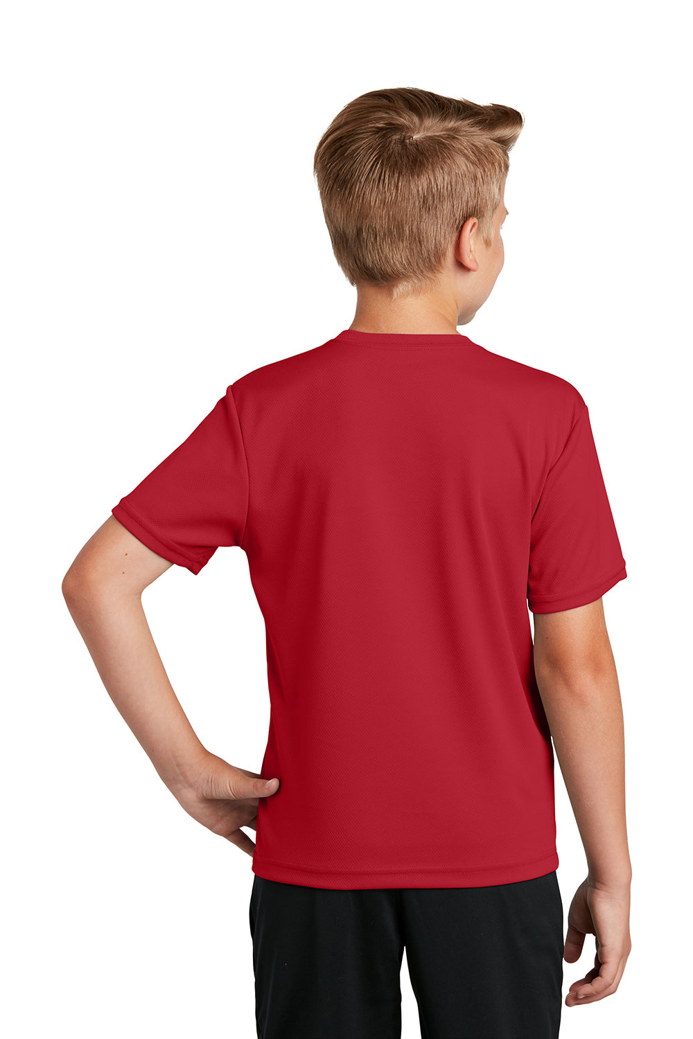 Sport-Tek YST340 Youth RacerMesh Moisture Wicking Short Sleeve Crewneck T-Shirt True Red Model Back