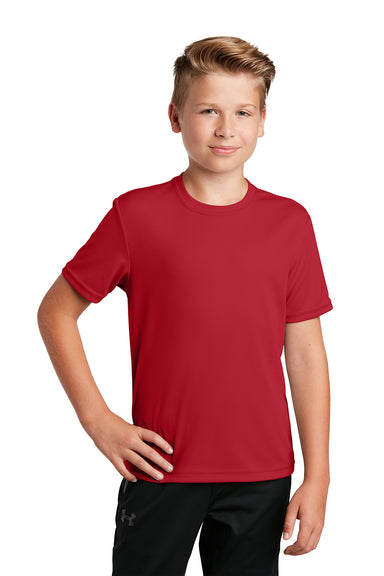 Sport-Tek YST340 Youth RacerMesh Moisture Wicking Short Sleeve Crewneck T-Shirt True Red Model Front